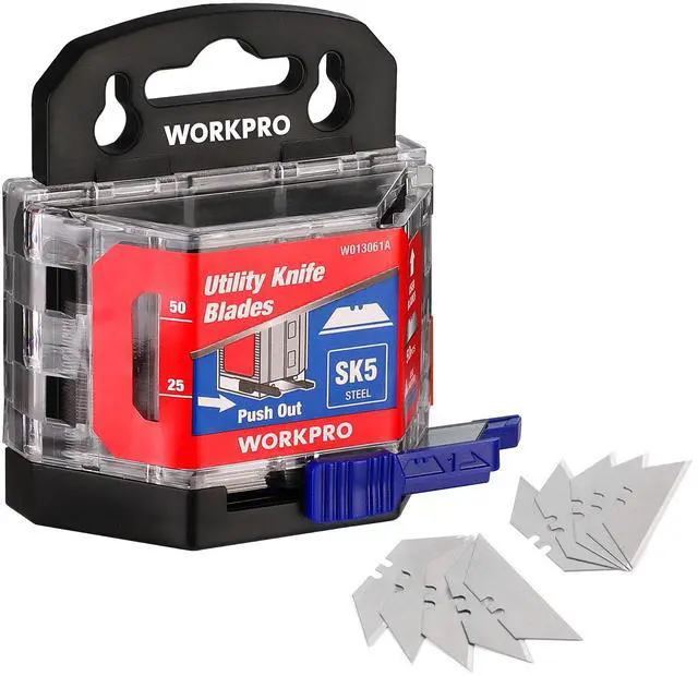 Main image of 50-Pack Utility Knife Blades with Dispenser | SK5 Steel Standard Blades for Box Cutter, Suitable for Cardboard, Leather, Carpet, Rope, Soft Metal, Pipe, etc