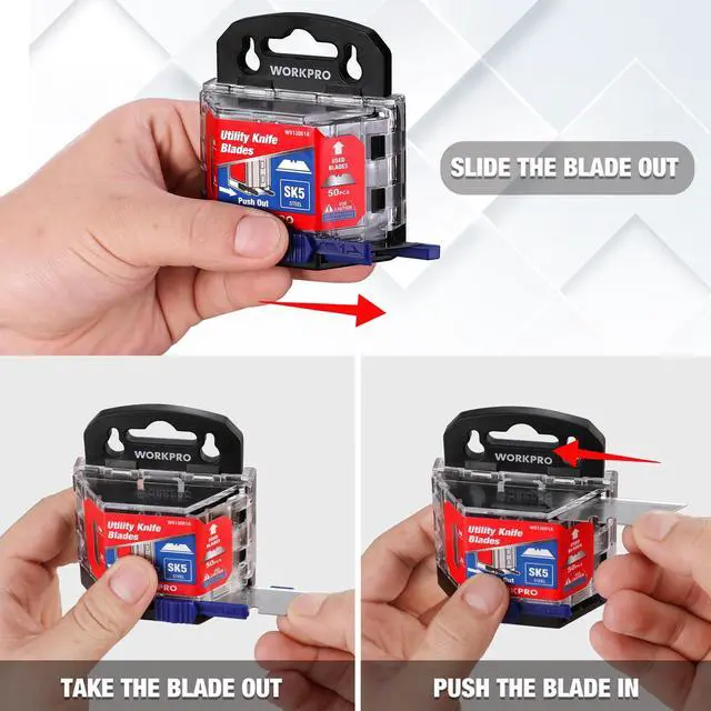 Alt view image 4 of 7 - 50-Pack Utility Knife Blades with Dispenser | SK5 Steel Standard Blades for Box Cutter, Suitable for Cardboard, Leather, Carpet, Rope, Soft Metal, Pipe, etc