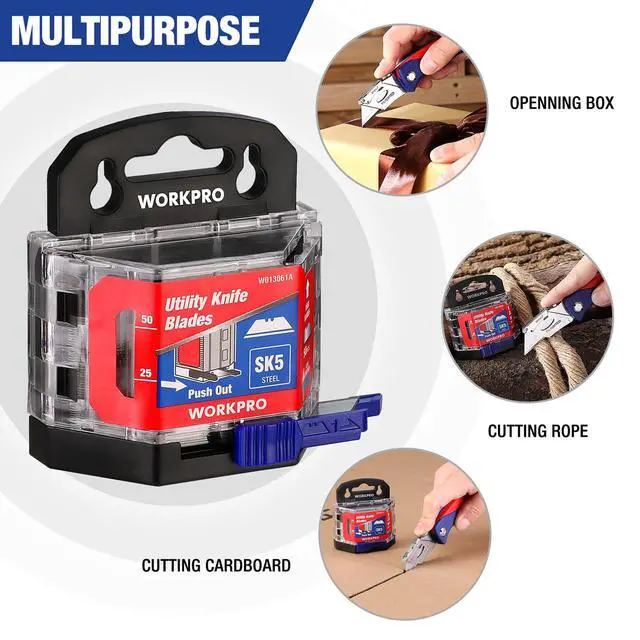 Alt view image 5 of 7 - 50-Pack Utility Knife Blades with Dispenser | SK5 Steel Standard Blades for Box Cutter, Suitable for Cardboard, Leather, Carpet, Rope, Soft Metal, Pipe, etc