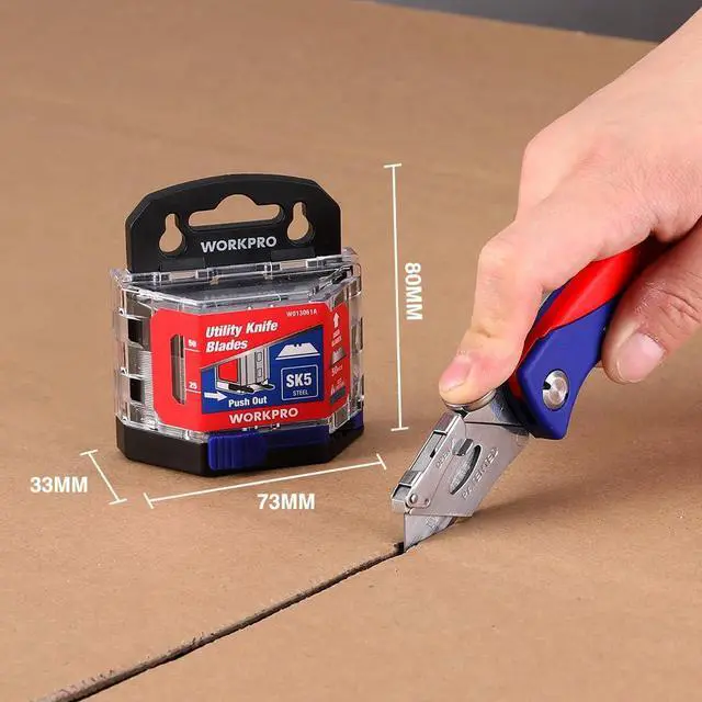 Alt view image 6 of 7 - 50-Pack Utility Knife Blades with Dispenser | SK5 Steel Standard Blades for Box Cutter, Suitable for Cardboard, Leather, Carpet, Rope, Soft Metal, Pipe, etc