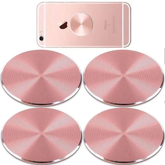 Main image of Cute Pink Metal Plates Set 4 Pack for Magnetic Car Mount. Kit of 4 Rose Gold Round Discs Without Holes for Phone Holder, Case. Strong 3M Adhesive Cell Phone Magnet Stickers Replacement