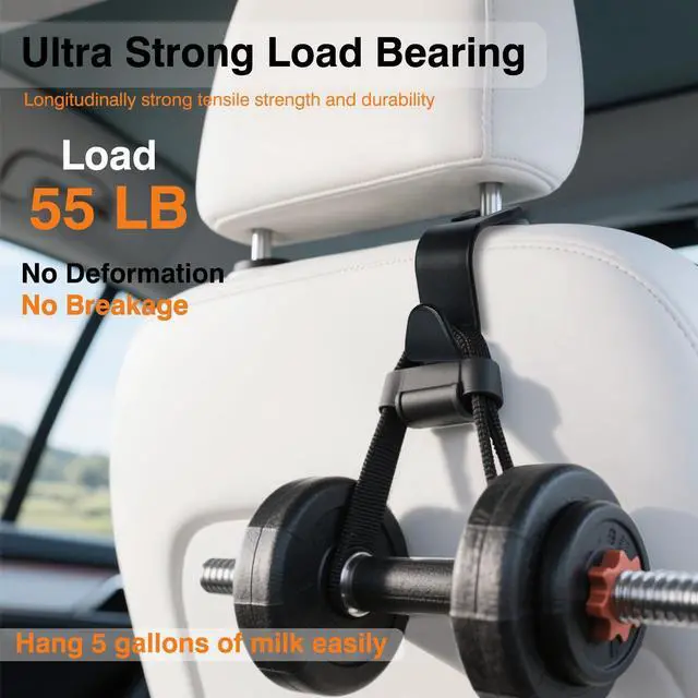 Alt view image 2 of 3 - 4-Pack Car Seat Hooks - 55 lb Each, Fits 0.32-0.55 in Headrest Rods | Purse holders; PP construction; tool-free setup; 360° swivel; black; for groceries, backpacks, gym bags, and baby gear