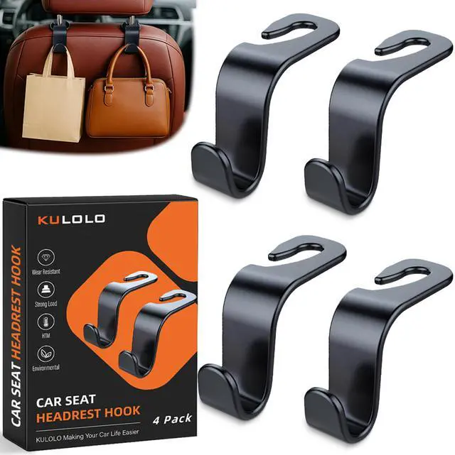 Main image of 4-Pack Car Seat Hooks - 55 lb Each, Fits 0.32-0.55 in Headrest Rods | Purse holders; PP construction; tool-free setup; 360° swivel; black; for groceries, backpacks, gym bags, and baby gear
