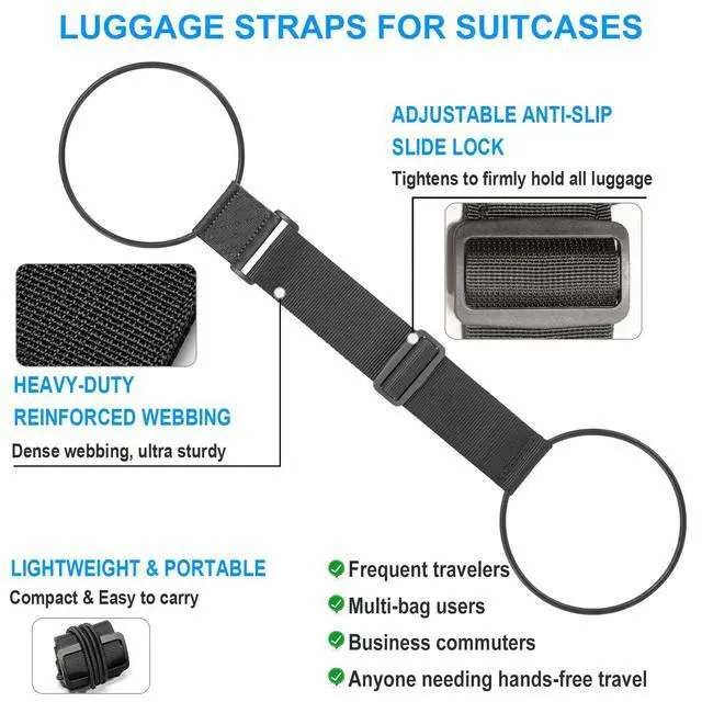 Alt view image 4 of 7 - Heavy-Duty Adjustable Elastic Luggage Straps for Suitcases, Black 2-Pack | Adjustable nylon bungee luggage connector straps, 11.81"-19.29", anti-fall, ideal for business & family trips