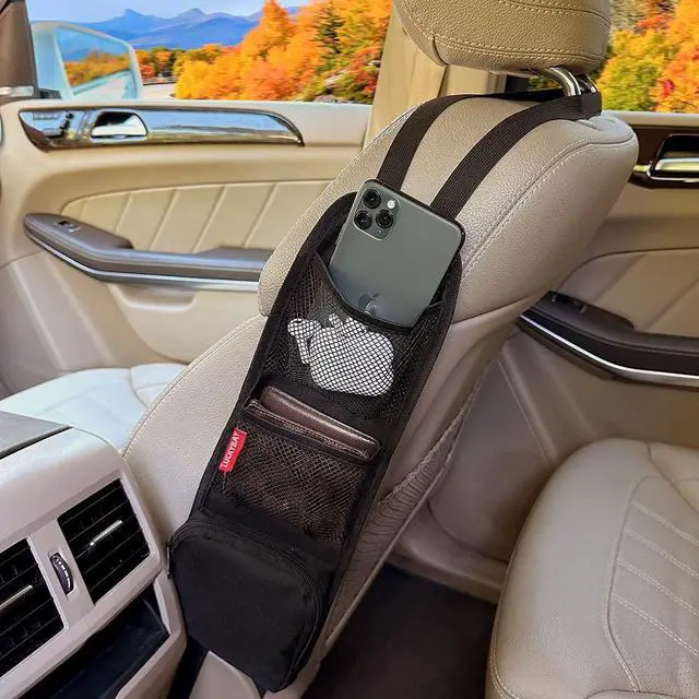 Alt view image 2 of 7 - Car Seat Side Organizer, Auto Seat Storage Hanging Bag, Phones, Drink, Stuff Holder with Mesh Pocket for Cars, SUV & Truck