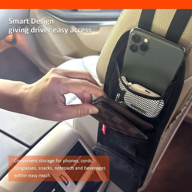 Alt view image 7 of 7 - Car Seat Side Organizer, Auto Seat Storage Hanging Bag, Phones, Drink, Stuff Holder with Mesh Pocket for Cars, SUV & Truck