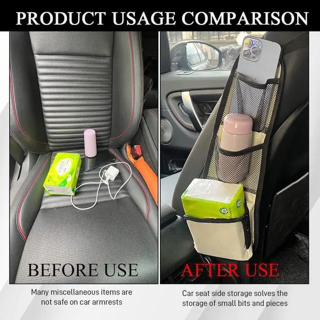 Alt view image 4 of 7 - 2PCS Car Seat Side Organizer, Seat Side Storage Pocket, Multifunctional Mesh Net Pocket, Car Multi-Pockets Backseat Organizer Side Hanging Bag for Storage Coins, Cell Phones (Beige, 2PCS)