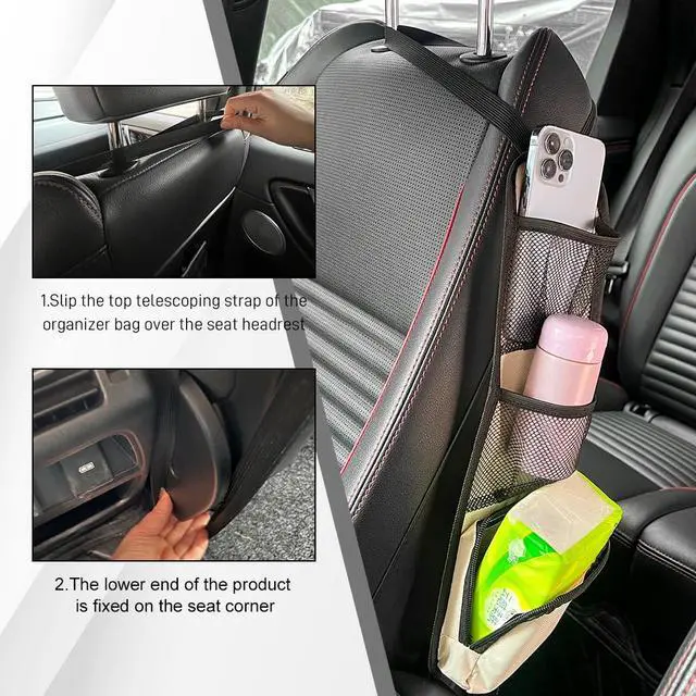 Alt view image 3 of 7 - 2PCS Car Seat Side Organizer, Seat Side Storage Pocket, Multifunctional Mesh Net Pocket, Car Multi-Pockets Backseat Organizer Side Hanging Bag for Storage Coins, Cell Phones (Beige, 2PCS)