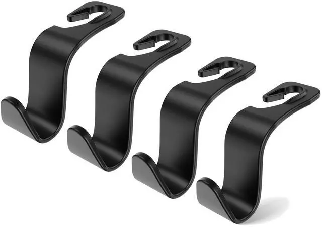 Main image of Car Seat Headrest Hooks 4-Pack Storage Organizer Holds 55 lbs | Universal Fit Most Car/SUV/Truck, Anti-drop, Hanger for Backpack Umbrella Water Bottle Coat Purses Handbags Groceries, Black