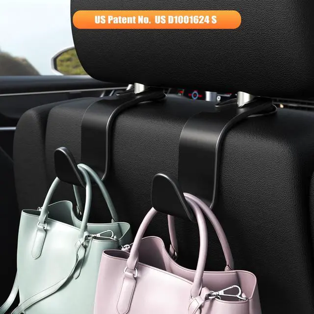 Alt view image 2 of 6 - Car Seat Headrest Hooks 4-Pack Storage Organizer Holds 55 lbs | Universal Fit Most Car/SUV/Truck, Anti-drop, Hanger for Backpack Umbrella Water Bottle Coat Purses Handbags Groceries, Black