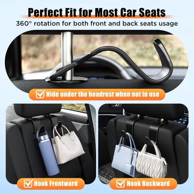 Alt view image 4 of 6 - Car Seat Headrest Hooks 4-Pack Storage Organizer Holds 55 lbs | Universal Fit Most Car/SUV/Truck, Anti-drop, Hanger for Backpack Umbrella Water Bottle Coat Purses Handbags Groceries, Black