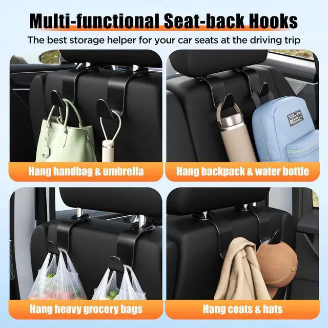 Alt view image 3 of 6 - Car Seat Headrest Hooks 4-Pack Storage Organizer Holds 55 lbs | Universal Fit Most Car/SUV/Truck, Anti-drop, Hanger for Backpack Umbrella Water Bottle Coat Purses Handbags Groceries, Black