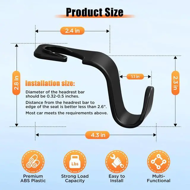 Alt view image 6 of 6 - Car Seat Headrest Hooks 4-Pack Storage Organizer Holds 55 lbs | Universal Fit Most Car/SUV/Truck, Anti-drop, Hanger for Backpack Umbrella Water Bottle Coat Purses Handbags Groceries, Black