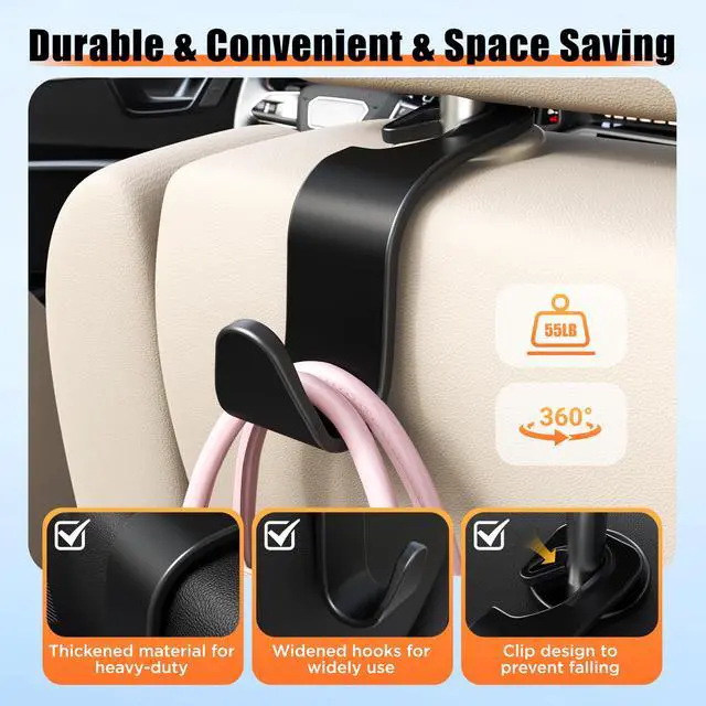 Alt view image 5 of 6 - Car Seat Headrest Hooks 4-Pack Storage Organizer Holds 55 lbs | Universal Fit Most Car/SUV/Truck, Anti-drop, Hanger for Backpack Umbrella Water Bottle Coat Purses Handbags Groceries, Black