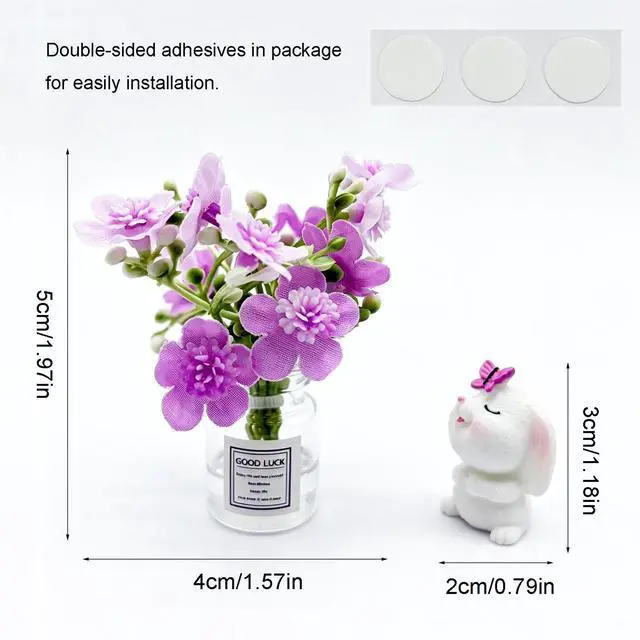 Alt view image 2 of 7 - Set of 2 Cute Mini Bunny and Peach Blossom in Flower Vase Car Rearview Mirror Ornaments Funny Dashboard Decorations Kawaii Car Interior Accessories for Women Gifts
