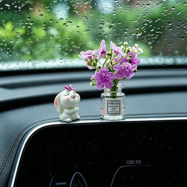 Alt view image 3 of 7 - Set of 2 Cute Mini Bunny and Peach Blossom in Flower Vase Car Rearview Mirror Ornaments Funny Dashboard Decorations Kawaii Car Interior Accessories for Women Gifts