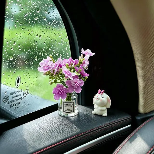 Alt view image 4 of 7 - Set of 2 Cute Mini Bunny and Peach Blossom in Flower Vase Car Rearview Mirror Ornaments Funny Dashboard Decorations Kawaii Car Interior Accessories for Women Gifts