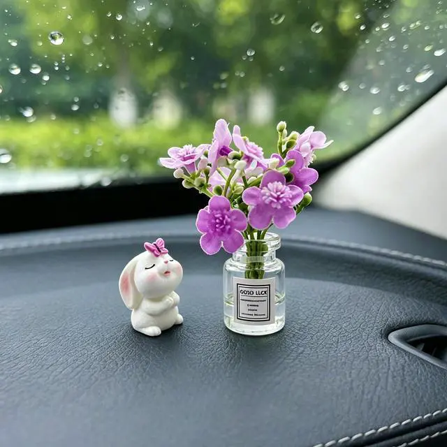 Alt view image 5 of 7 - Set of 2 Cute Mini Bunny and Peach Blossom in Flower Vase Car Rearview Mirror Ornaments Funny Dashboard Decorations Kawaii Car Interior Accessories for Women Gifts