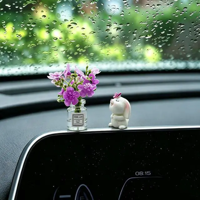Alt view image 6 of 7 - Set of 2 Cute Mini Bunny and Peach Blossom in Flower Vase Car Rearview Mirror Ornaments Funny Dashboard Decorations Kawaii Car Interior Accessories for Women Gifts