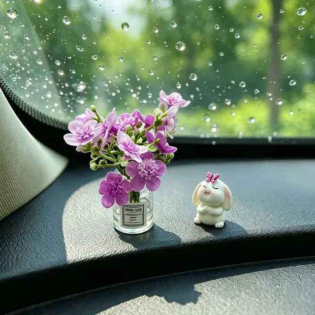 Alt view image 7 of 7 - Set of 2 Cute Mini Bunny and Peach Blossom in Flower Vase Car Rearview Mirror Ornaments Funny Dashboard Decorations Kawaii Car Interior Accessories for Women Gifts