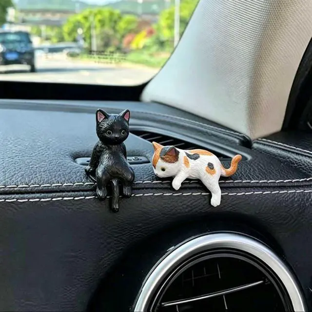 Alt view image 5 of 7 - 5 Pcs Cute Cat Car Interior Accessories Dashboard Decorations | Funny Mini Resin Cat Figurines Rear View Mirror Ornament for Car Desk Decorations Decor Home Garden