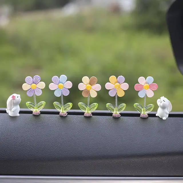 Main image of 7pcs Cute Car Rearview Mirror Accessories, Funny Bunny Car Flower Ornaments | Kurilai Shaking Spring Sunflower Dashboard Decorations