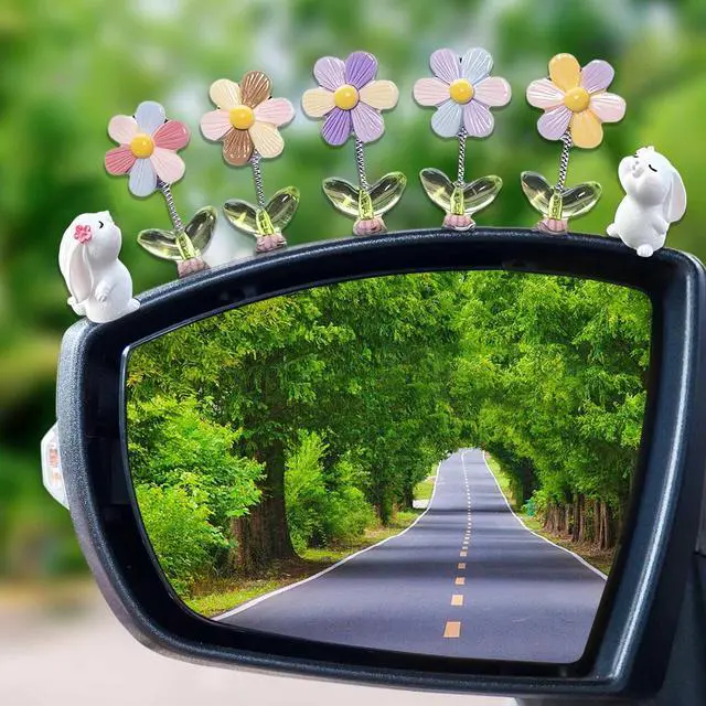 Alt view image 2 of 7 - 7pcs Cute Car Rearview Mirror Accessories, Funny Bunny Car Flower Ornaments | Kurilai Shaking Spring Sunflower Dashboard Decorations