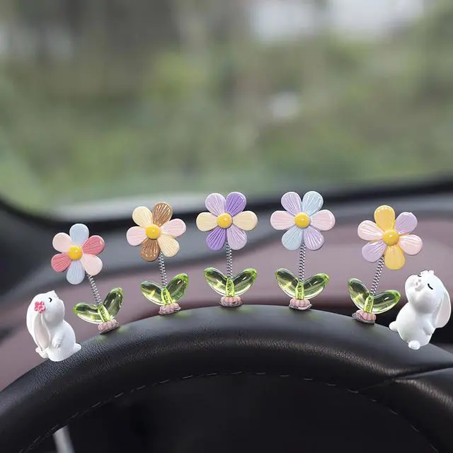 Alt view image 3 of 7 - 7pcs Cute Car Rearview Mirror Accessories, Funny Bunny Car Flower Ornaments | Kurilai Shaking Spring Sunflower Dashboard Decorations