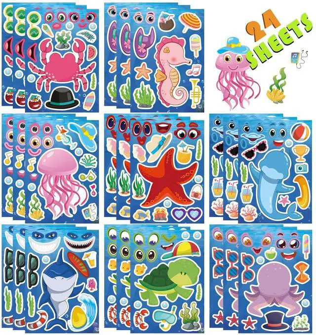 Main image of Ocean Stickers for Kids, Make Your Own Sea Animal, Goodie Bags Stuffers | 24 Sheets Mix and Match Sticker, Make a Face Stickers for Kids Activities Supplies Crafts, Classroom Teacher Reward