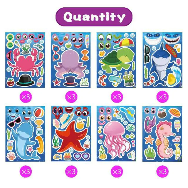 Alt view image 2 of 7 - Ocean Stickers for Kids, Make Your Own Sea Animal, Goodie Bags Stuffers | 24 Sheets Mix and Match Sticker, Make a Face Stickers for Kids Activities Supplies Crafts, Classroom Teacher Reward