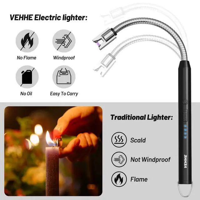 Alt view image 3 of 7 - Electric Candle Lighter, Flexible Neck Windproof USB C Rechargeable | Black | 360° Flexible Neck | Windproof Flameless Arc | Hanging Hook for easy portability | LED Battery Display