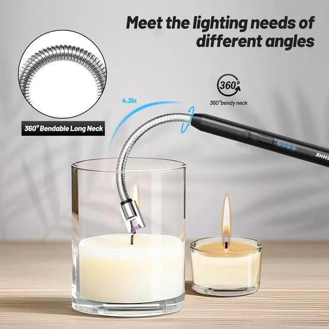 Alt view image 4 of 7 - Electric Candle Lighter, Flexible Neck Windproof USB C Rechargeable | Black | 360° Flexible Neck | Windproof Flameless Arc | Hanging Hook for easy portability | LED Battery Display