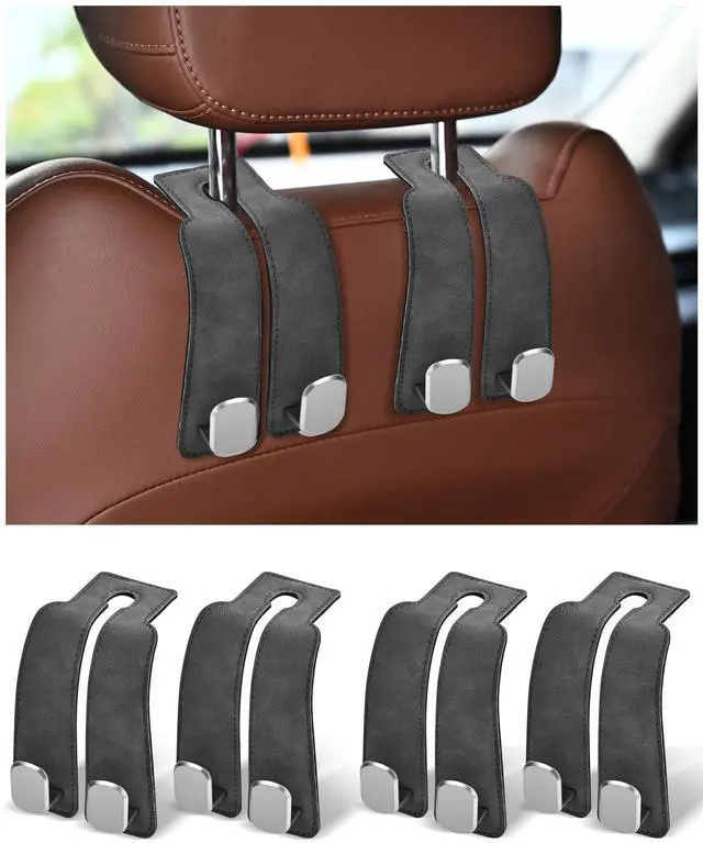 Main image of Headrest Hooks for Car, 4 Pack Car Seat Back Organizer Storage Hook, Double Hook Car Seat Hooks for Hanger Purses and Bags, Leather Purse Holder for Car, Grey