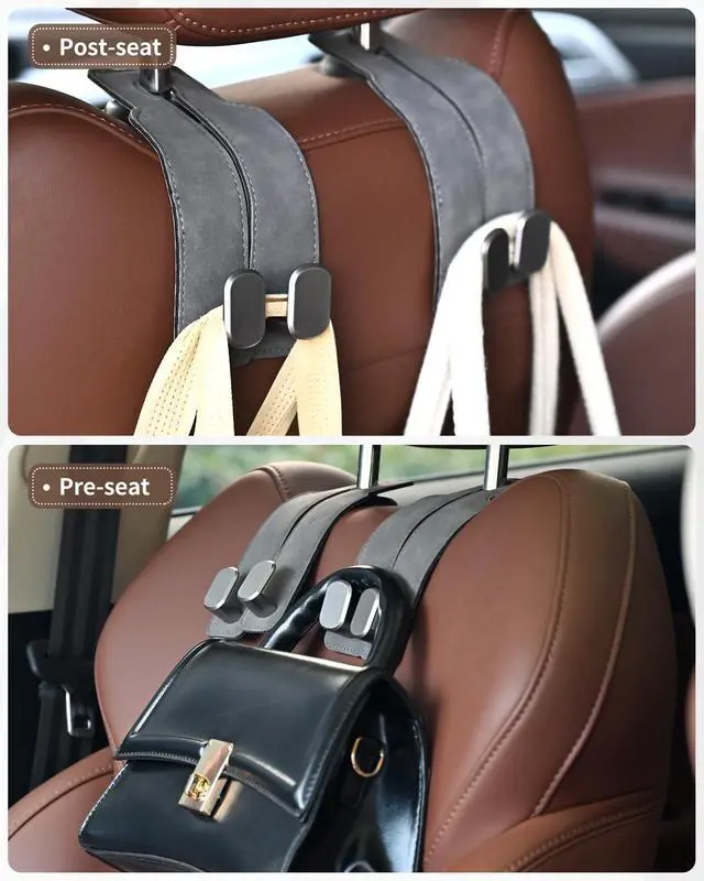 Alt view image 4 of 7 - Headrest Hooks for Car, 4 Pack Car Seat Back Organizer Storage Hook, Double Hook Car Seat Hooks for Hanger Purses and Bags, Leather Purse Holder for Car, Grey