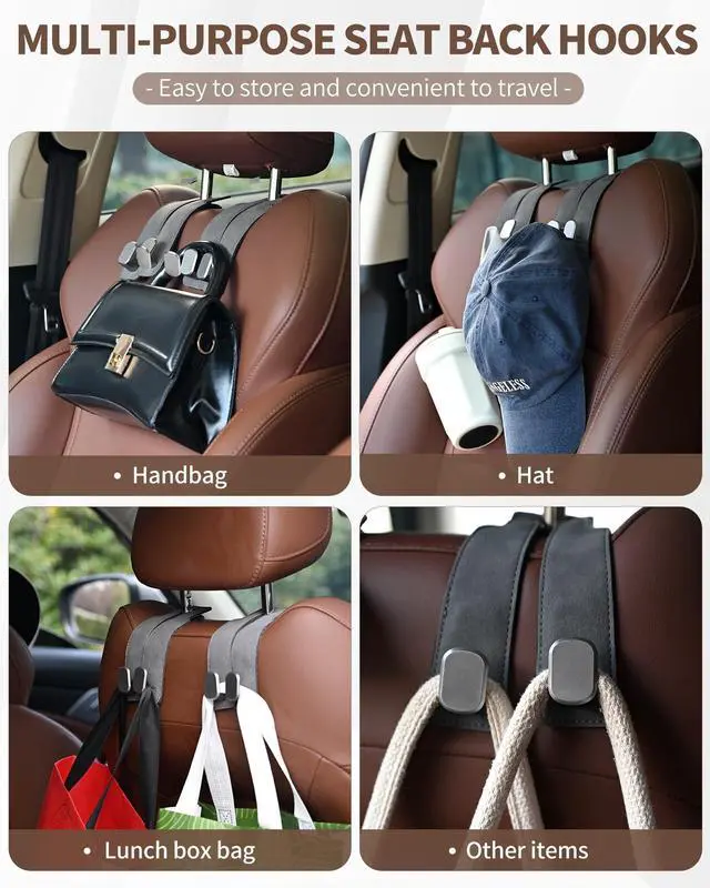 Alt view image 7 of 7 - Headrest Hooks for Car, 4 Pack Car Seat Back Organizer Storage Hook, Double Hook Car Seat Hooks for Hanger Purses and Bags, Leather Purse Holder for Car, Grey
