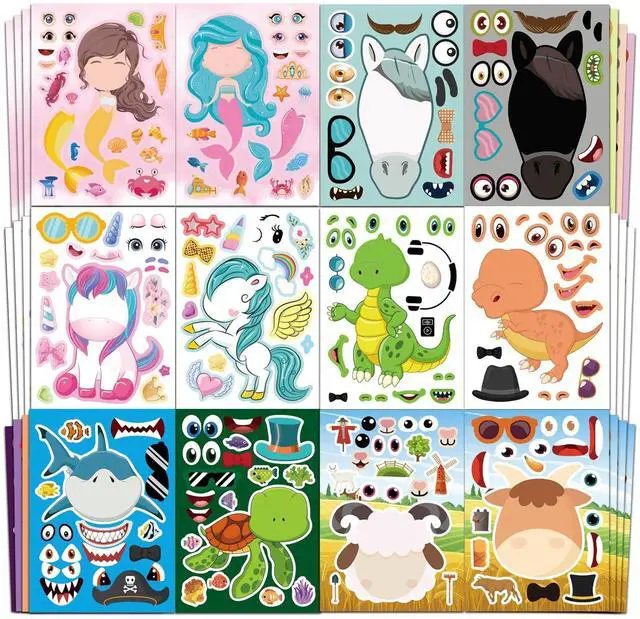 Main image of 36 Make-a-Face Sticker Sheets for Kids | Mix 'n Match Animal Sticker Crafts with 6 Themes for Party Favors, Goodie Bag Stuffers & Classroom Activities