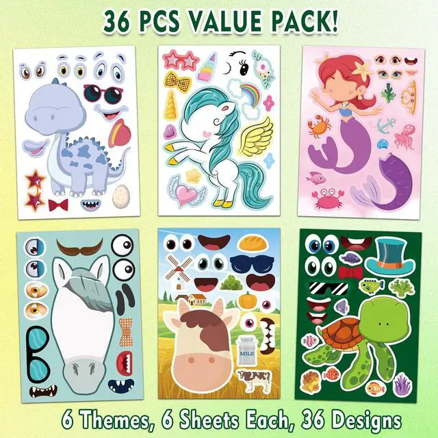 Alt view image 2 of 7 - 36 Make-a-Face Sticker Sheets for Kids | Mix 'n Match Animal Sticker Crafts with 6 Themes for Party Favors, Goodie Bag Stuffers & Classroom Activities