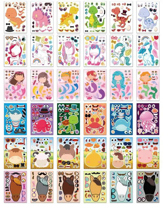 Alt view image 3 of 7 - 36 Make-a-Face Sticker Sheets for Kids | Mix 'n Match Animal Sticker Crafts with 6 Themes for Party Favors, Goodie Bag Stuffers & Classroom Activities