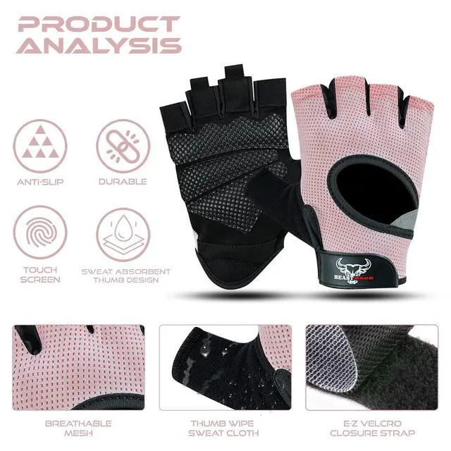 Alt view image 2 of 7 - Workout Gloves for Men and Women, Fingerless Weight Lifting Gloves with Palm Protection Padding, Breathable and Lightweight Gym Gloves for Weightlifting, Cycling Pull Up (Pink, L), Large