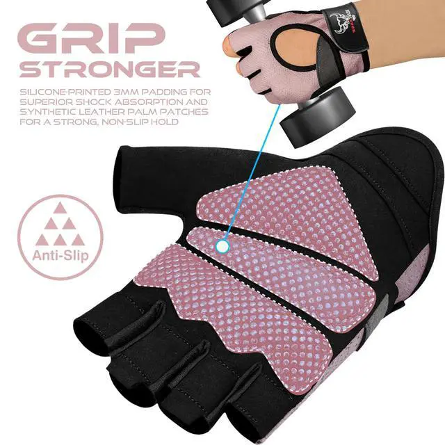Alt view image 4 of 7 - Workout Gloves for Men and Women, Fingerless Weight Lifting Gloves with Palm Protection Padding, Breathable and Lightweight Gym Gloves for Weightlifting, Cycling Pull Up (Pink, L), Large