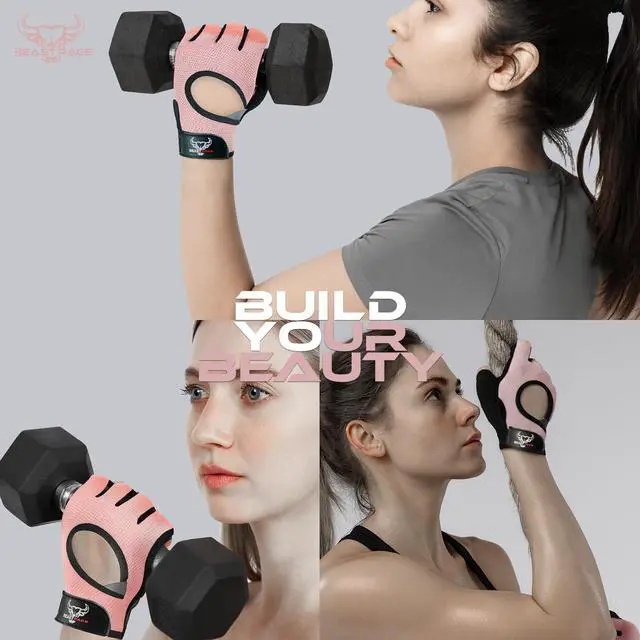 Alt view image 7 of 7 - Workout Gloves for Men and Women, Fingerless Weight Lifting Gloves with Palm Protection Padding, Breathable and Lightweight Gym Gloves for Weightlifting, Cycling Pull Up (Pink, L), Large