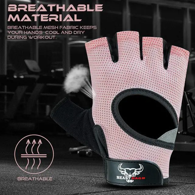 Alt view image 6 of 7 - Workout Gloves for Men and Women, Fingerless Weight Lifting Gloves with Palm Protection Padding, Breathable and Lightweight Gym Gloves for Weightlifting, Cycling Pull Up (Pink, L), Large