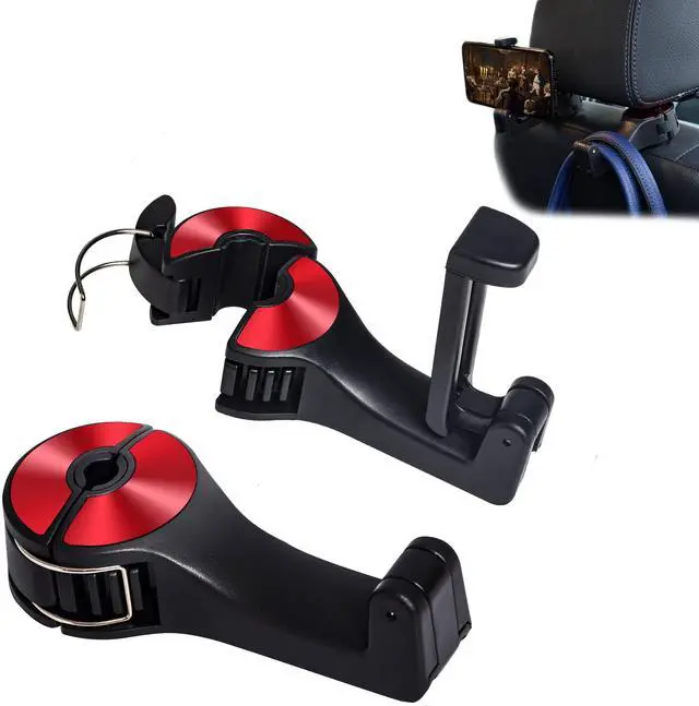 Main image of Car Seat Hooks for Purses and Bags with Phone Holder, Universal Car Headrest Storage Organizer Hanger Hook with Lock, 360° Rotation Headrest Hooks, 2 in 1 Car Headrest Hooks, 2 Pack, Red