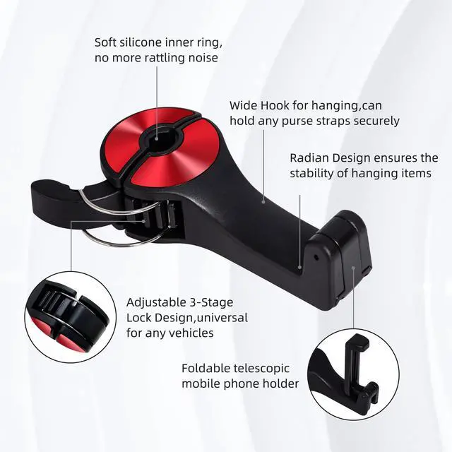Alt view image 3 of 7 - Car Seat Hooks for Purses and Bags with Phone Holder, Universal Car Headrest Storage Organizer Hanger Hook with Lock, 360° Rotation Headrest Hooks, 2 in 1 Car Headrest Hooks, 2 Pack, Red