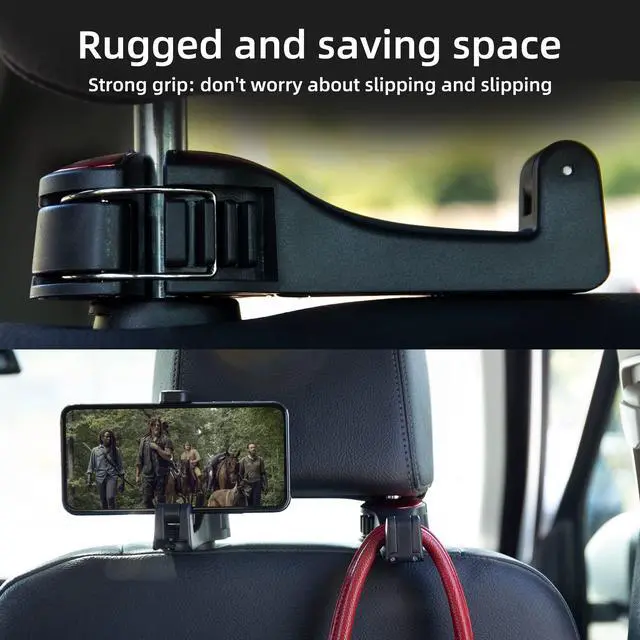 Alt view image 5 of 7 - Car Seat Hooks for Purses and Bags with Phone Holder, Universal Car Headrest Storage Organizer Hanger Hook with Lock, 360° Rotation Headrest Hooks, 2 in 1 Car Headrest Hooks, 2 Pack, Red