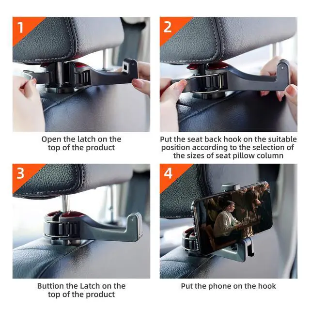 Alt view image 7 of 7 - Car Seat Hooks for Purses and Bags with Phone Holder, Universal Car Headrest Storage Organizer Hanger Hook with Lock, 360° Rotation Headrest Hooks, 2 in 1 Car Headrest Hooks, 2 Pack, Red