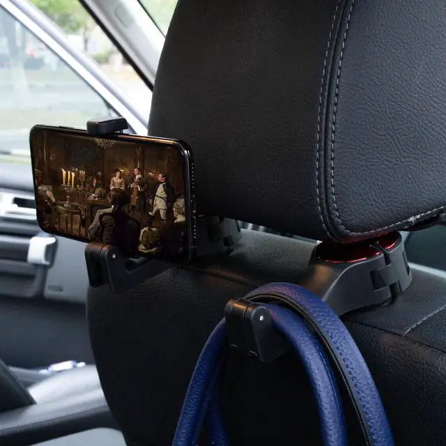 Alt view image 2 of 7 - Car Seat Hooks for Purses and Bags with Phone Holder, Universal Car Headrest Storage Organizer Hanger Hook with Lock, 360° Rotation Headrest Hooks, 2 in 1 Car Headrest Hooks, 2 Pack, Red