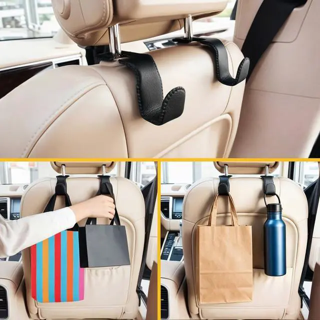 Alt view image 4 of 7 - Headrest Hooks for Purses and Bags, 2 Pack Car Seat Hooks for Grocery Bag Handbag, Metal Car Purse Holder Covered by Leather, Black