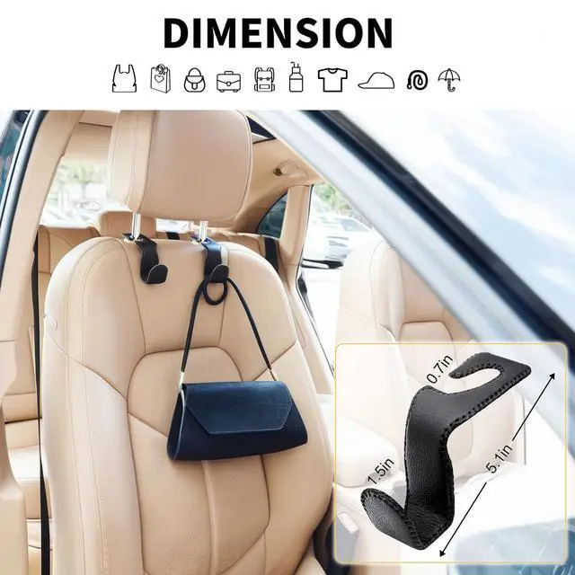 Alt view image 3 of 7 - Headrest Hooks for Purses and Bags, 2 Pack Car Seat Hooks for Grocery Bag Handbag, Metal Car Purse Holder Covered by Leather, Black