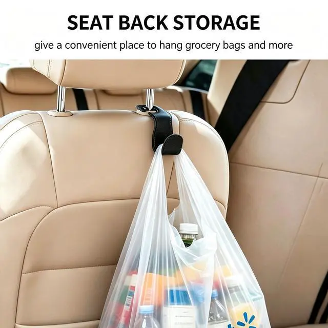 Alt view image 6 of 7 - Headrest Hooks for Purses and Bags, 2 Pack Car Seat Hooks for Grocery Bag Handbag, Metal Car Purse Holder Covered by Leather, Black